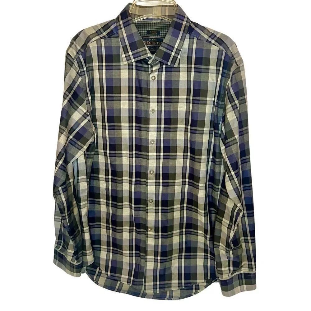Jos A Bank Shirt Mens XL Gray Plaid Reserve Tailored Fit Wrinkle Free 100% Cott.